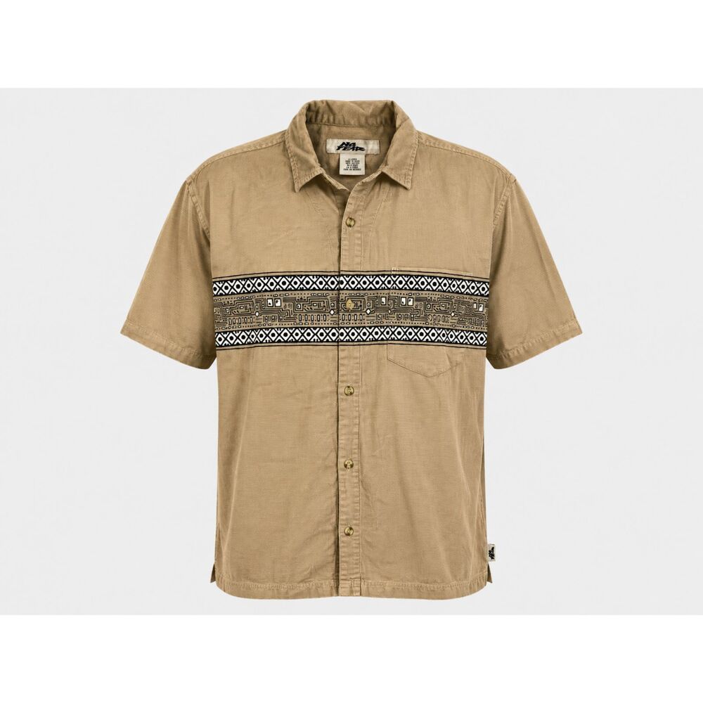No Fear Men's XL Tan Geometric Stripe Button Front Shirt Cotton Short Sleeve